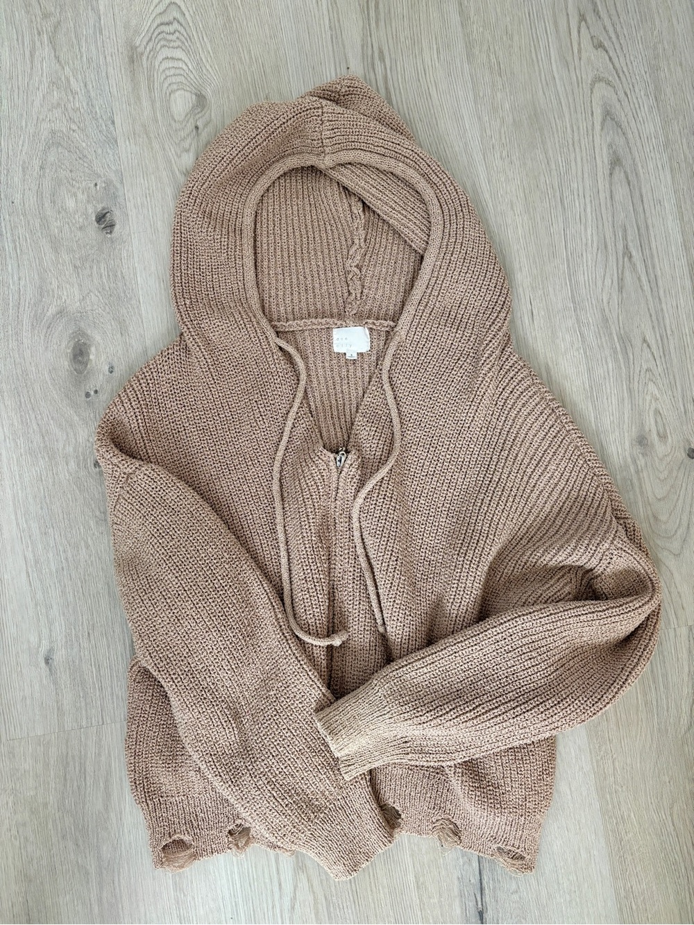 Relaxed Knit Hooded Zip Sweater in Taupe